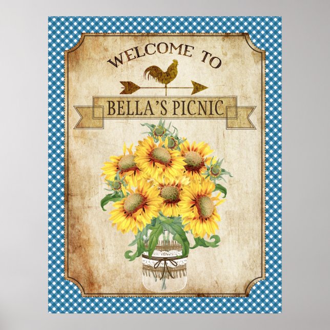 Country Sunflower Blue Gingham Poster (Front)
