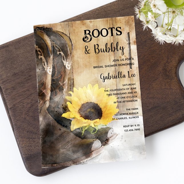 Country Sunflower Boots and Bubbly Bridal Shower Invitation (Creator Uploaded)