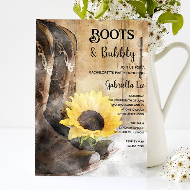 Country Sunflower Boots Bubbly Bachelorette Party Invitation (Creator Uploaded)