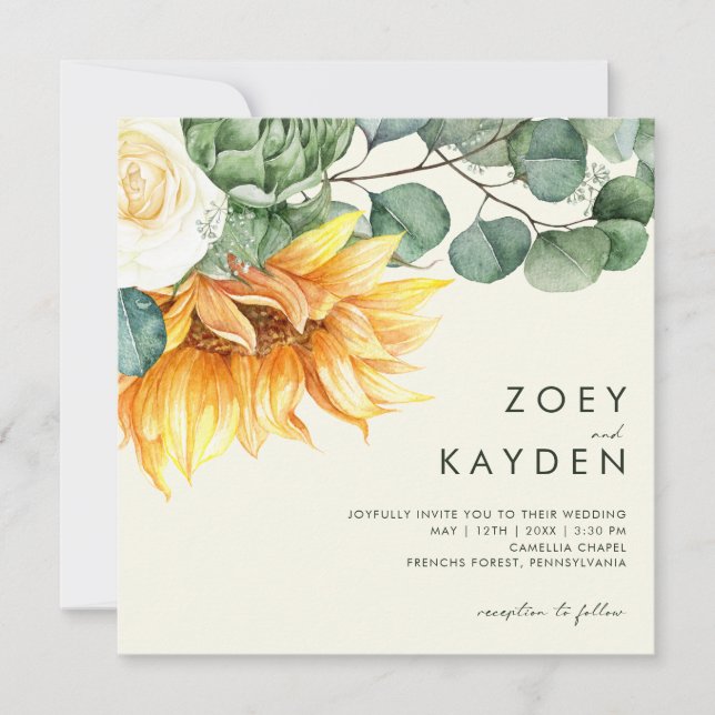 Country Sunflower bouquet Yellow Square Wedding Invitation (Front)