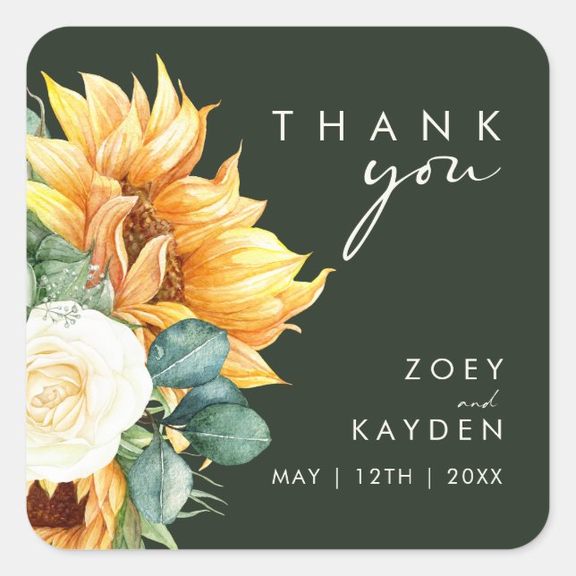 Country Sunflower | Dark Green Thank You Wedding Square Sticker (Front)