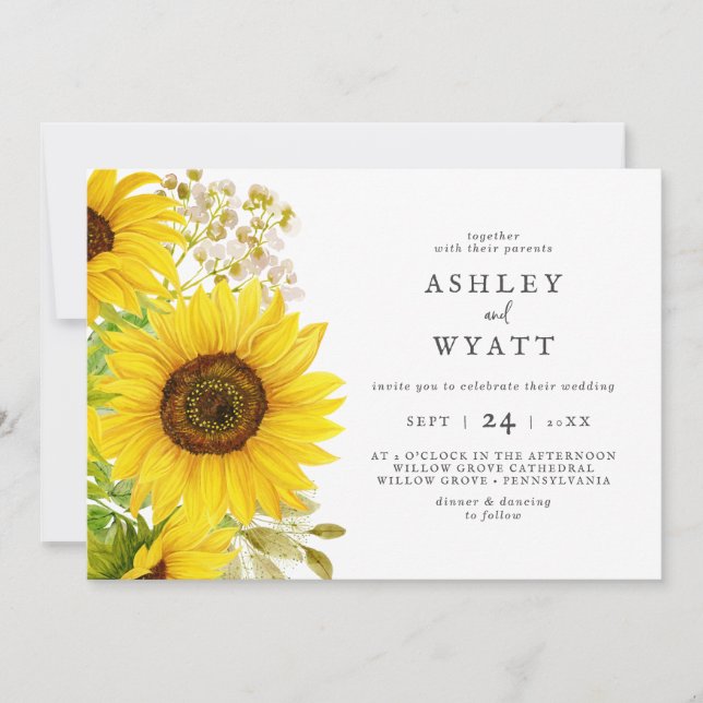 Country Sunflower Horizontal Wedding Invitation (Front)