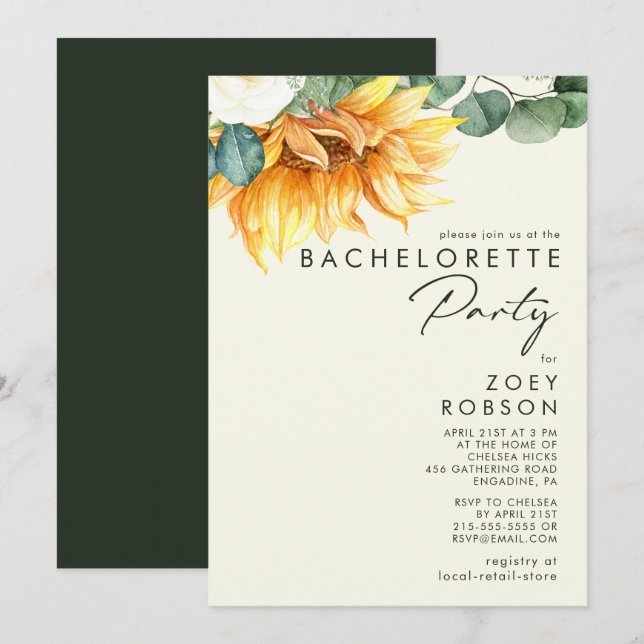 Country Sunflower Light Yellow Bachelorette Party Invitation (Front/Back)