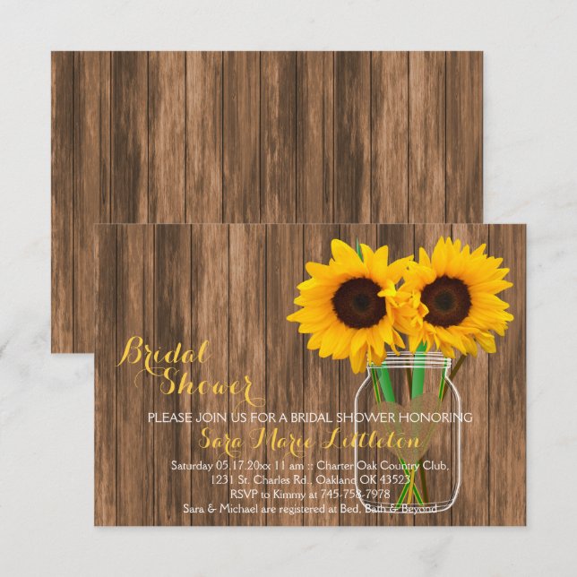 Country Sunflower Mason Jar Bridal Shower Invites (Front/Back)