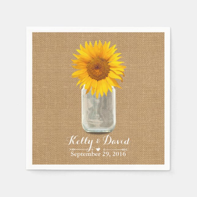 Country Sunflower & Mason Jar Burlap Wedding Napkin (Front)