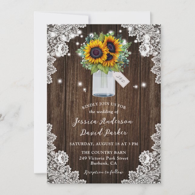 Country Sunflower Mason Jar Lace Wood Wedding Invitation (Front)