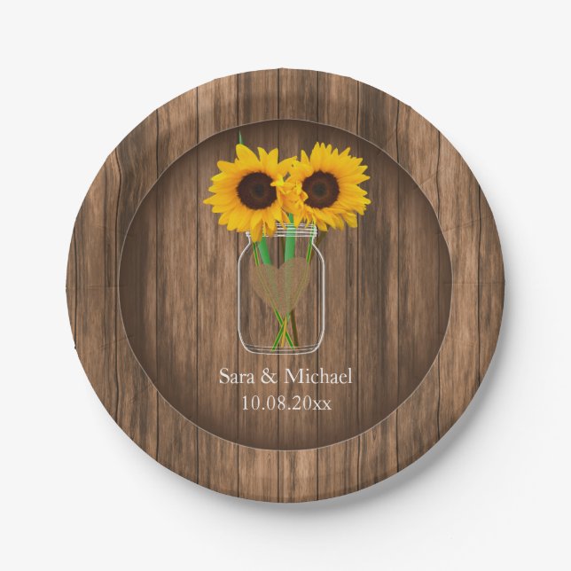 Country Sunflower Mason Jar Paper Plate (Front)