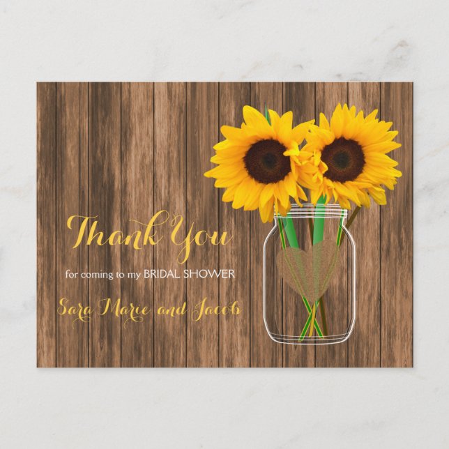 Country Sunflower Mason Jar - Thank You Postcard (Front)