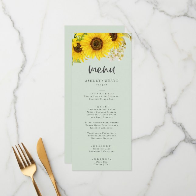 Country Sunflower | Mint Wedding Dinner Menu (Front/Back In Situ)