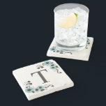 Country Sunflower Monogram Aqua Stone Coaster<br><div class="desc">Whimsical country sunflower design in shades of aqua and brown.</div>