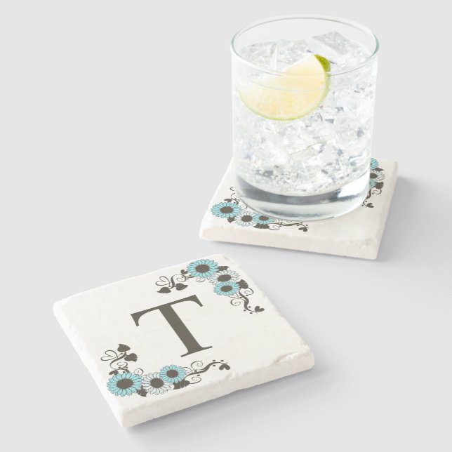 Country Sunflower Monogram Aqua Stone Coaster (Side)