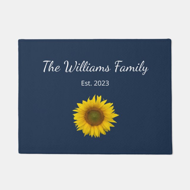 Country Sunflower Navy Blue Family Name  Doormat (Front)