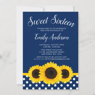 Country Sunflower Navy Blue Sweet 16 Invitations