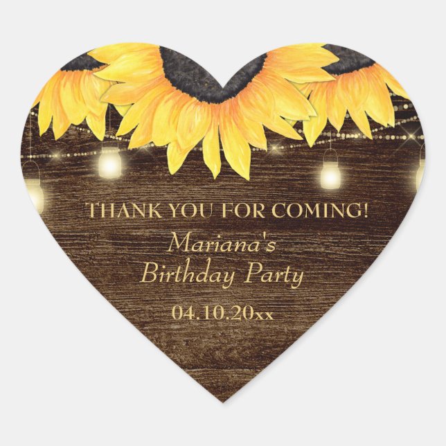 Country Sunflower on Wood Birthday Heart Sticker (Front)