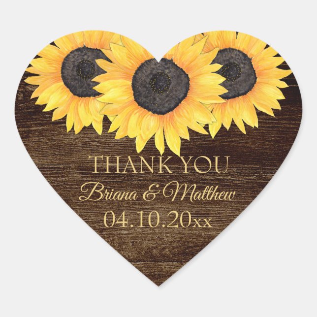 Country Sunflower on Wood Wedding Heart Sticker (Front)
