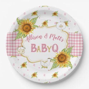 Country Sunflower Pink Gingham Baby Q Barbeque Paper Plate