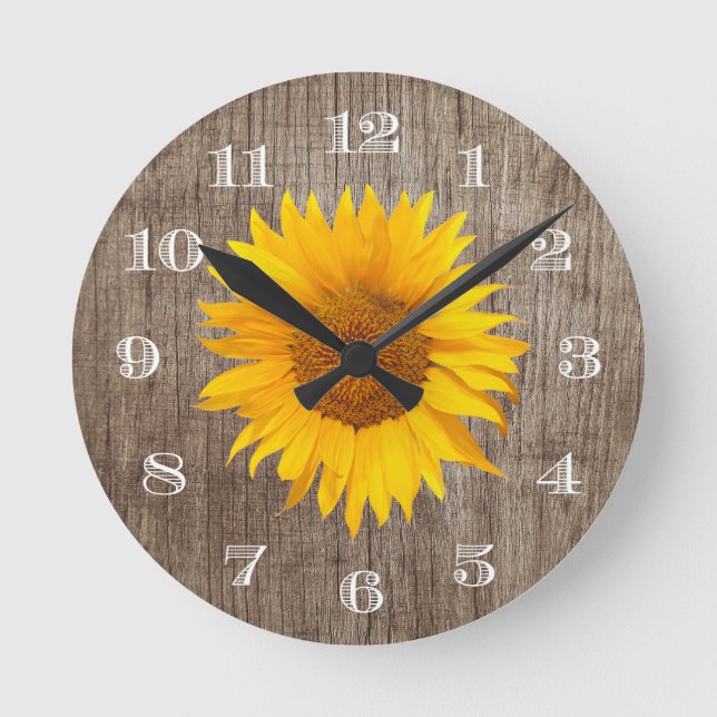 Country Sunflower Rustic Barn Wood Vintage Round Clock (Front)