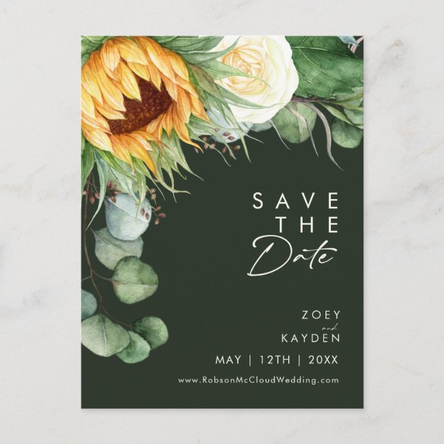 Country Sunflower Script | Green Save The Date Invitation Postcard (Front)