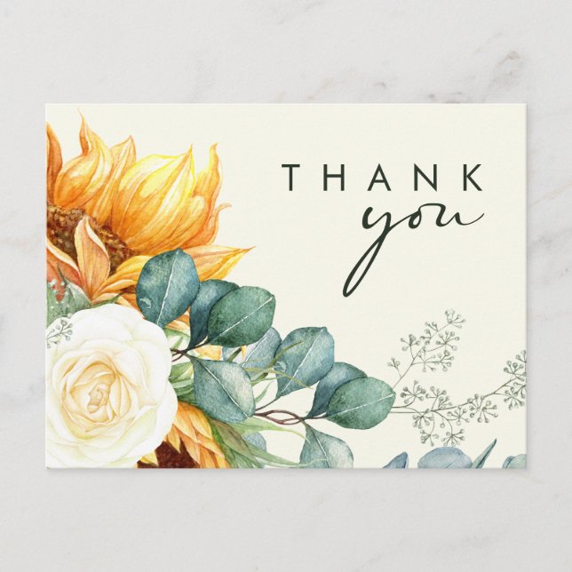 Country Sunflower Script Yellow Wedding Thank You Postcard (Front)