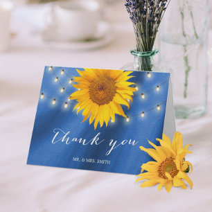 Country Sunflower & String Lights Blue Thank You Card