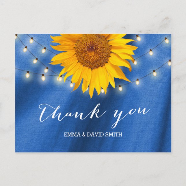 Country Sunflower & String Lights Blue Thank You Postcard (Front)