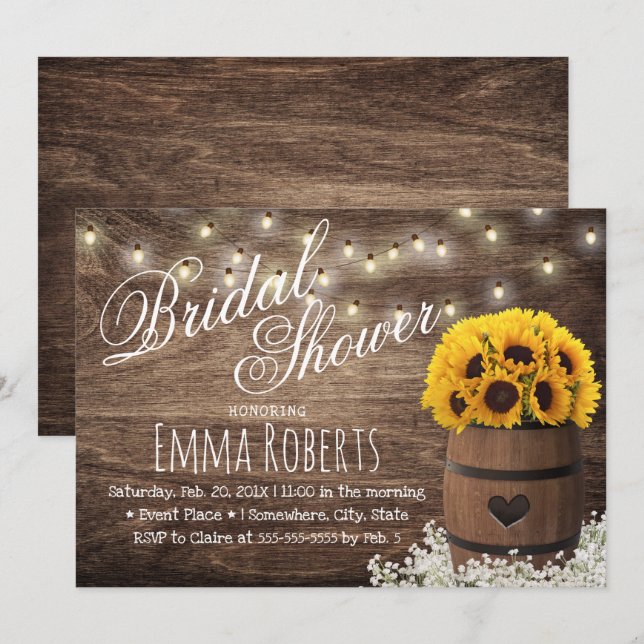 Country Sunflower & String Lights Bridal Shower Invitation (Front/Back)