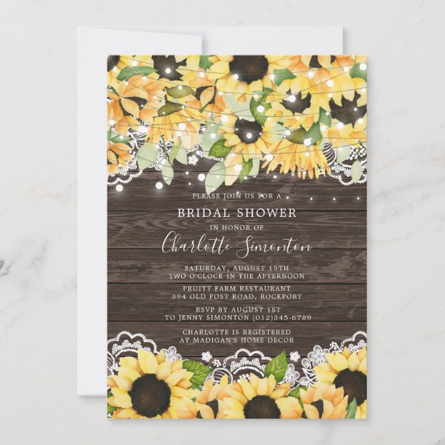 Country Sunflower String Lights Lace Bridal Shower Invitation (Front)