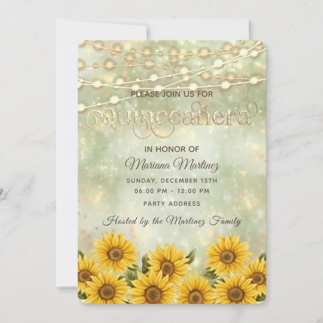 Country sunflower string lights Quinceañera Invitation (Front)