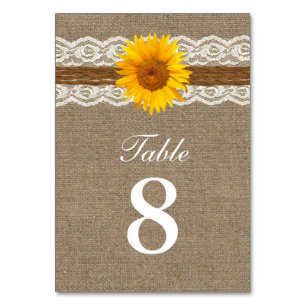 Country Sunflower Twine Lace & Burlap Wedding Table Number