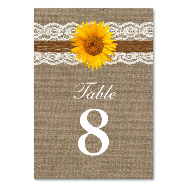 Country Sunflower Twine Lace & Burlap Wedding Table Number (Front)