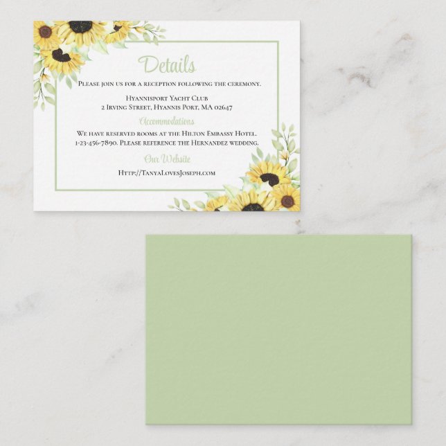 Country Sunflower Watercolor Floral Wedding Detail Enclosure Card (Front/Back)