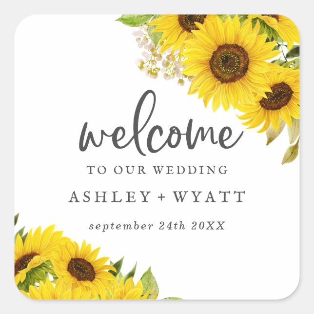 Country Sunflower Wedding Welcome Square Sticker (Front)