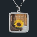 Country Sunflower Western Wedding Silver Plated Necklace<br><div class="desc">The charming Country Sunflower Western Wedding Pendant Necklace makes a unique personalised keepsake gift for the bride to be or her bridesmaids. This pretty custom rustic chic ranch theme wedding jewellery features a quaint floral photograph of brown leather cowboy boots, yellow sunflower blossom and barn wood on white satin inside...</div>