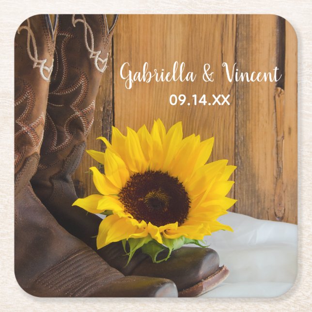 Country Sunflower Western Wedding Square Paper Coaster (Front)