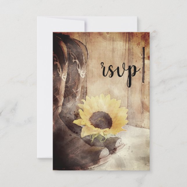 Country Sunflower Western Wedding Watercolor RSVP Card (Front)
