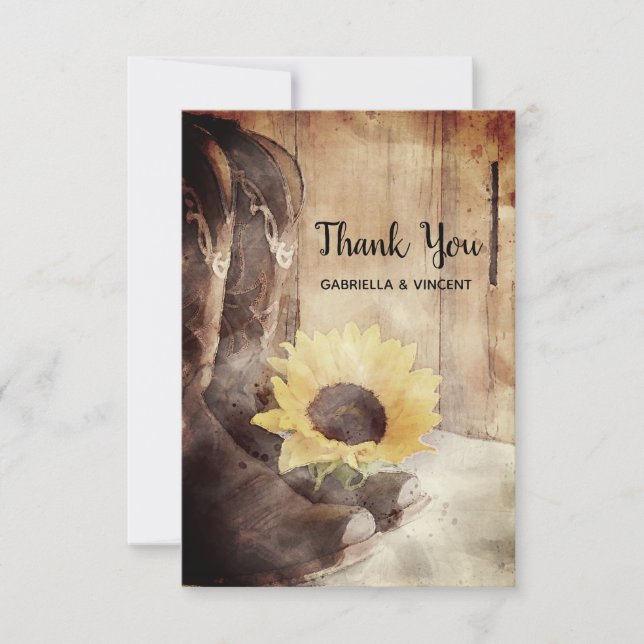 Country Sunflower Western Wedding Watercolor Thank You Card (Front)