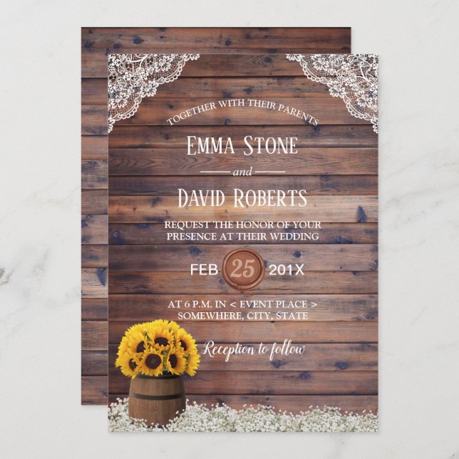 Country Sunflower Wine Barrel Rustic Wedding Invitation (Front/Back)