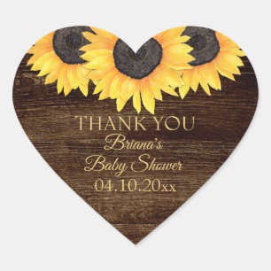 Country Sunflower Wood Baby Shower Heart Sticker
