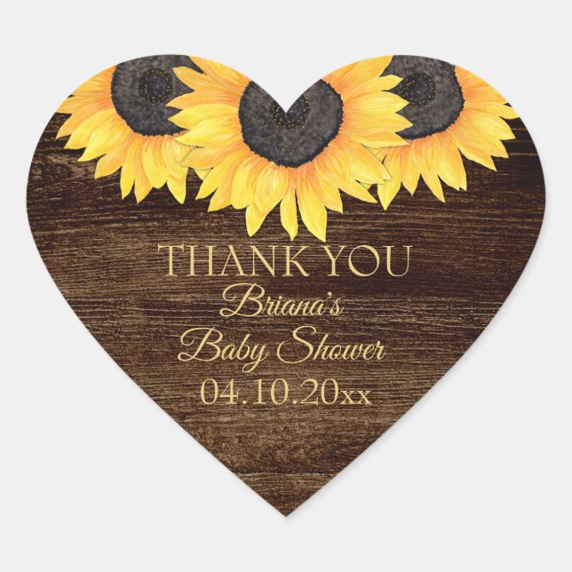 Country Sunflower Wood Baby Shower Heart Sticker (Front)