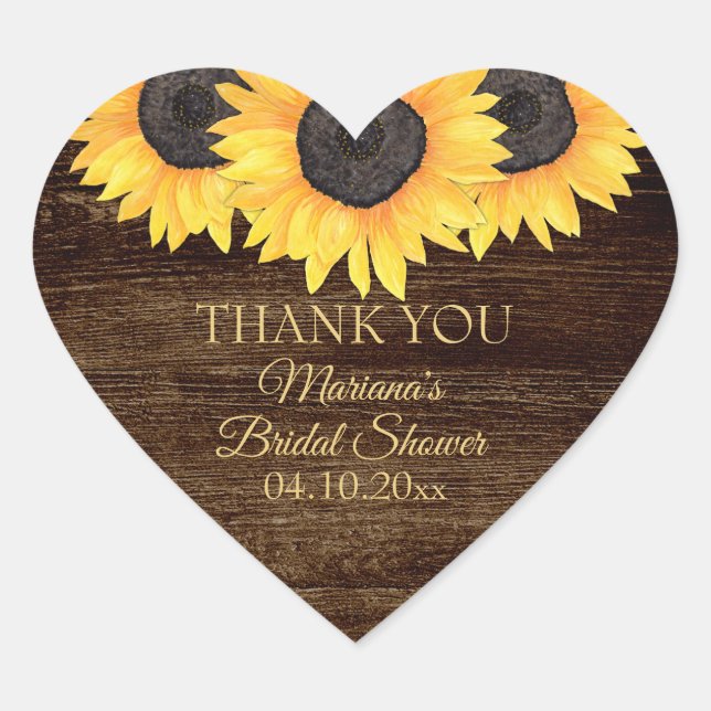Country Sunflower Wood Bridal Shower Heart Sticker (Front)