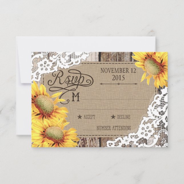 Country Sunflower Wood Lace Rustic RSVP Card (Front)