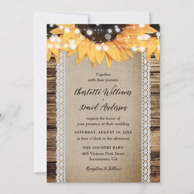 Country Sunflower Wood String Lights Wedding Invitation (Front)