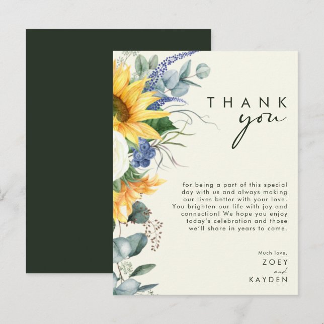 Country Sunflower Yellow Reception Thank You Card (Front/Back)