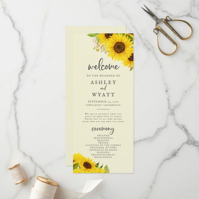 Country Sunflower | Yellow Wedding Program Programme (Front/Back In Situ)