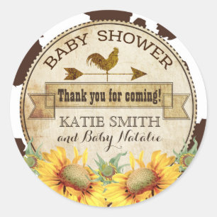 Country Sunflowers and Cow Print Baby Shower Classic Round Sticker