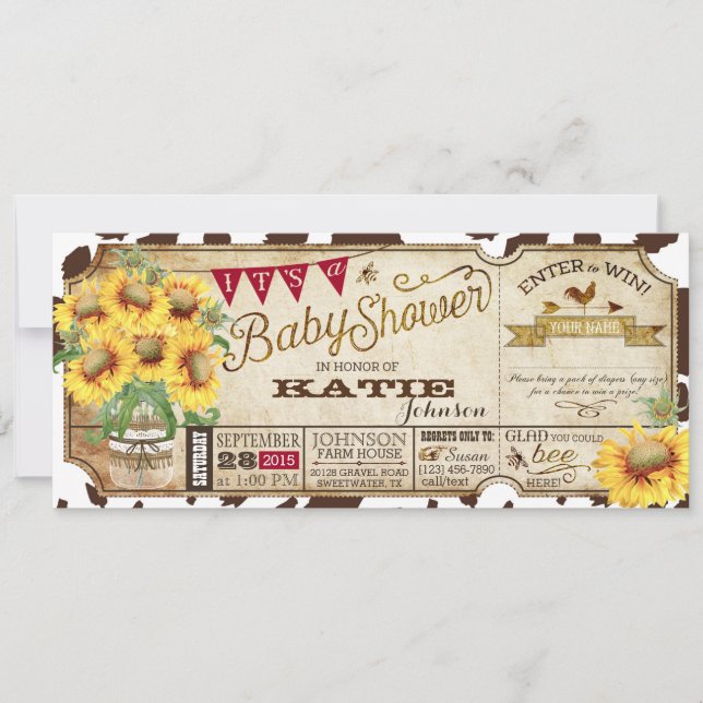 Country Sunflowers and Cow Print Baby Shower Invitation (Front)