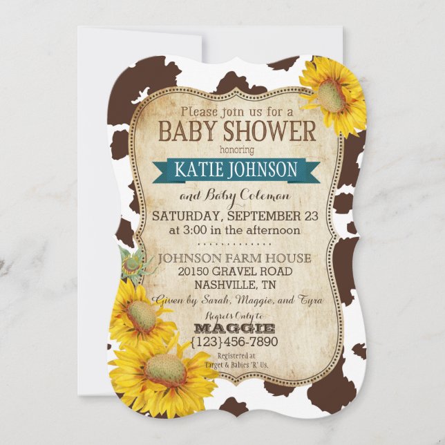 Country Sunflowers and Cow Print Baby Shower Invitation (Front)