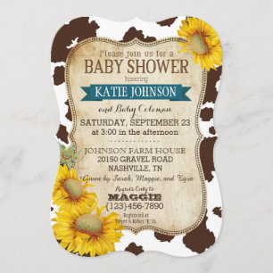Country Sunflowers and Cow Print Baby Shower Invitation
