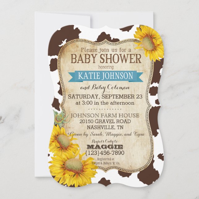 Country Sunflowers and Cow Print Baby Shower Invitation (Front)