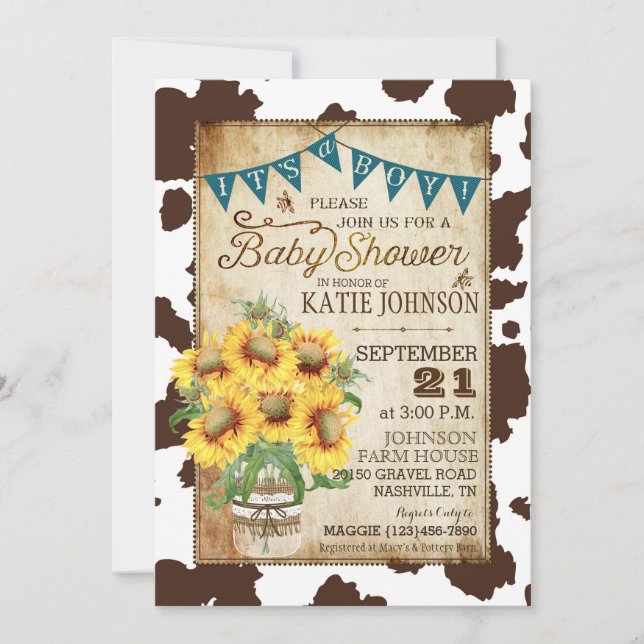 Country Sunflowers and Cow Print Baby Shower Invitation (Front)